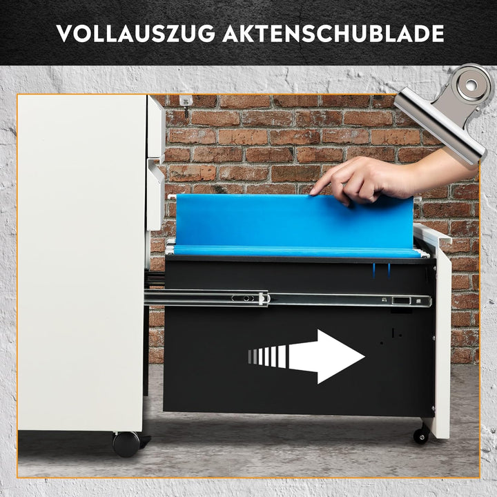 DEVAISE Rollcontainer mit 3 Schubladen, Metall Mobiler Aktenschrank mit Rollen, Druckertisch für DIN