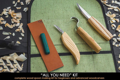 BeaverCraft S13 Holzschnitzerei Werkzeuge Set für Löffelschnitzen 3 Messer in Werkzeugsrolle Abziehr