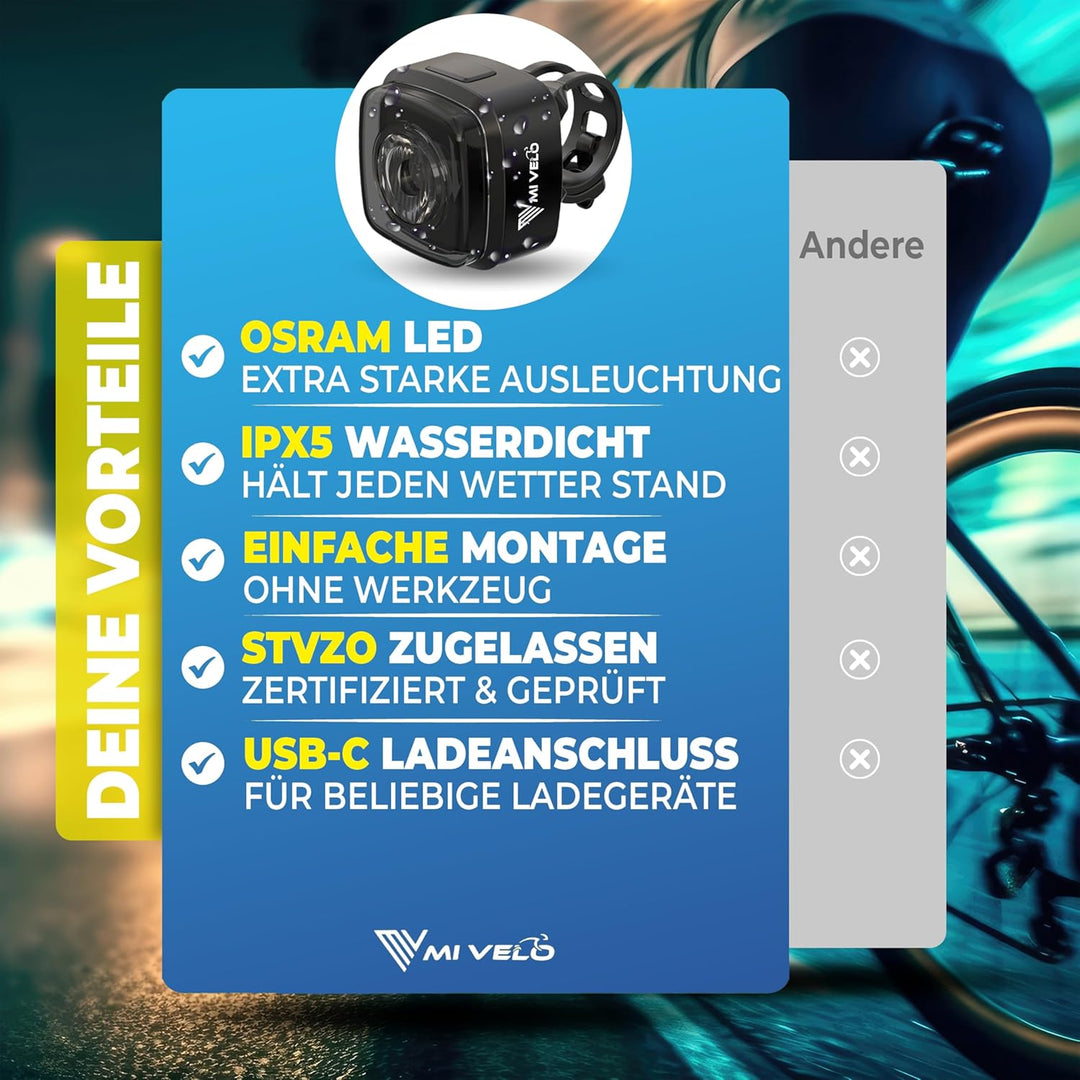 MIVELO Fahrradlicht Set mit Bremsanzeige - Fahrradlampe LED StVZO, IPX5 wasserdicht - Fahrradbeleuch