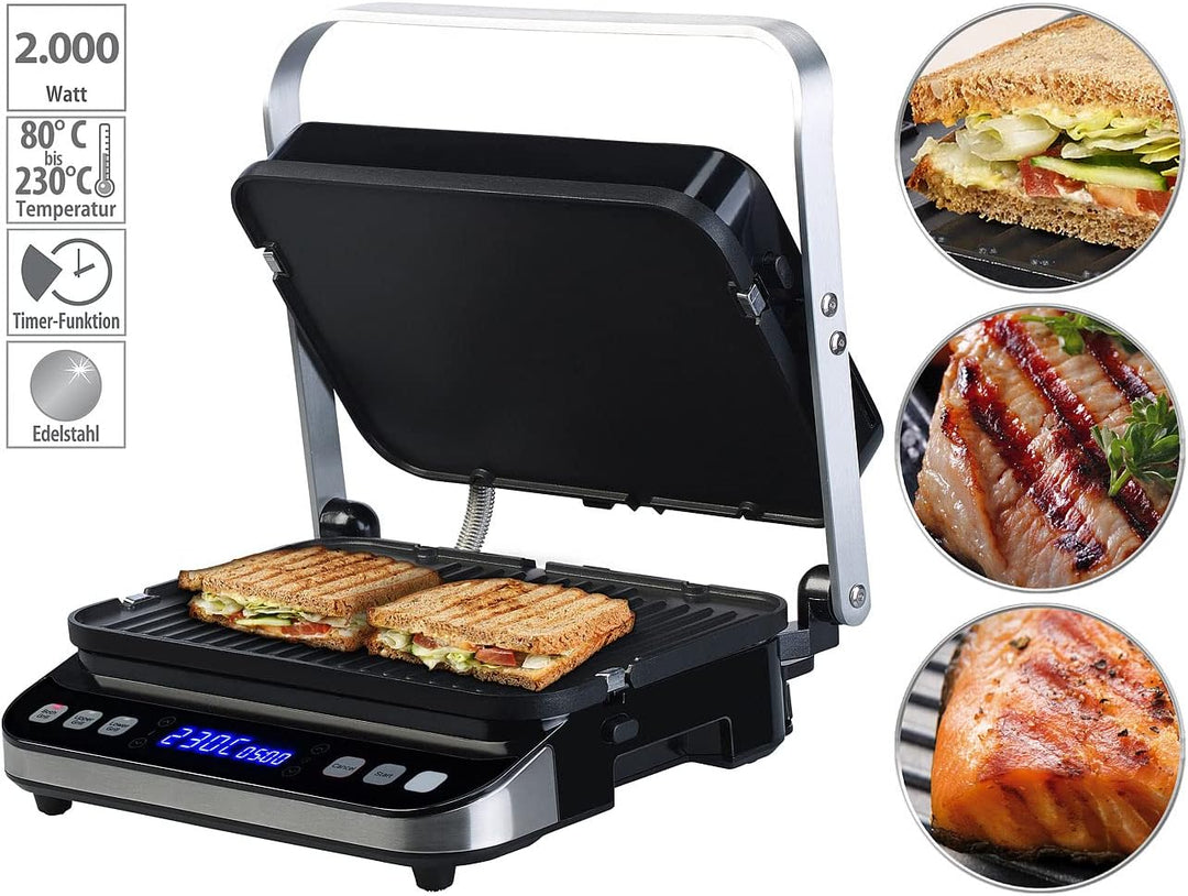 Rosenstein & Söhne Grill: Digitaler Panini-, Sandwich- & Kontaktgrill, Timer & Memory, 2.000 W (Kont