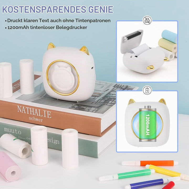 GuKKK Mini Drucker, Mobiler Fotodrucker, Tragbarer Mini Fotodrucker mit 7 Farben LED, Wireless Fotod