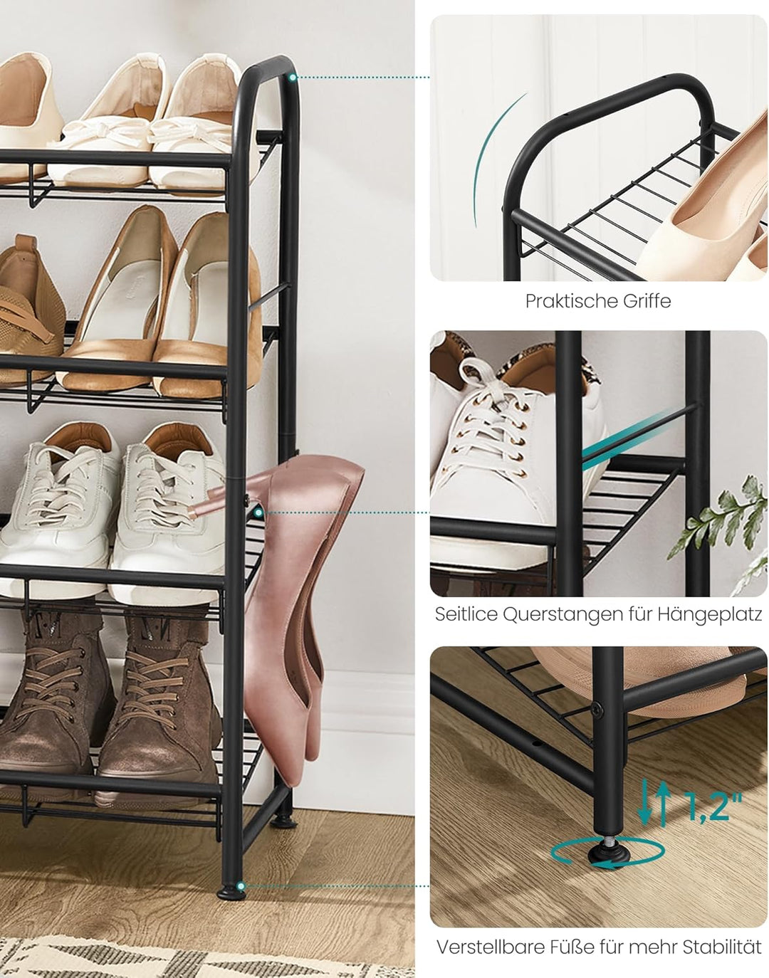 SONGMICS Schuhregal mit 4 Ablagen, stapelbarer Schuh-Organizer, für bis zu 16 Paar Schuhe, aus Stahl