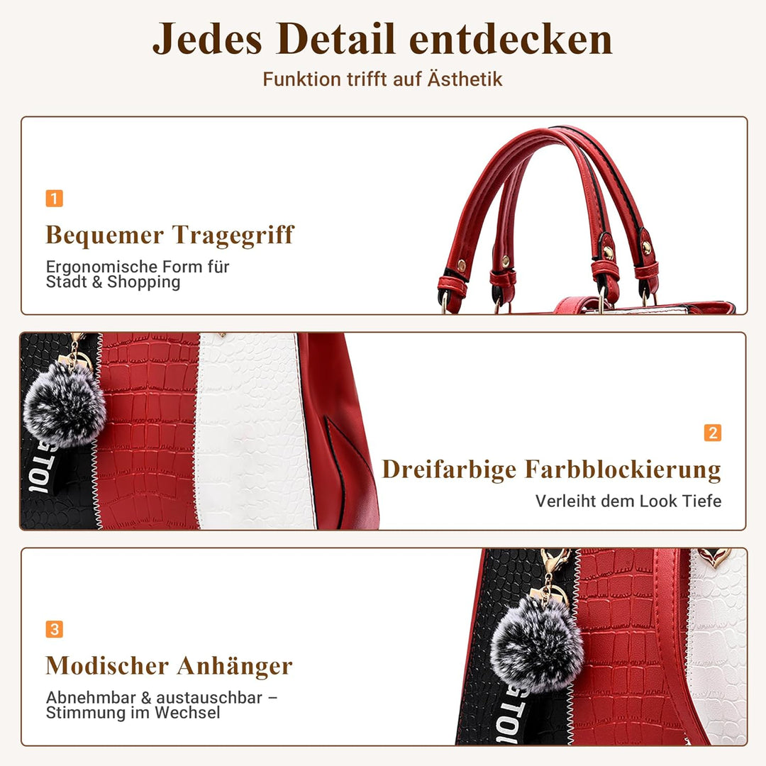 DIRRONA Damen Handtasche, PU Leder Handtasche mit Farbblock-Design und elegantem Anhänger, stilvolle