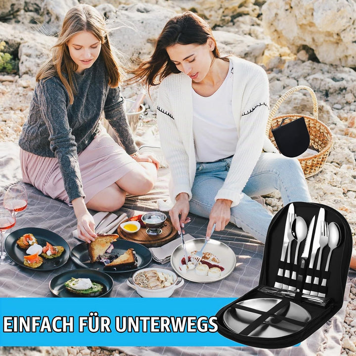 Camping Geschirr Set 2 Personen,12-teilig Besteckset mit Edelstahl Gabeln Tragbars Campingbesteck au