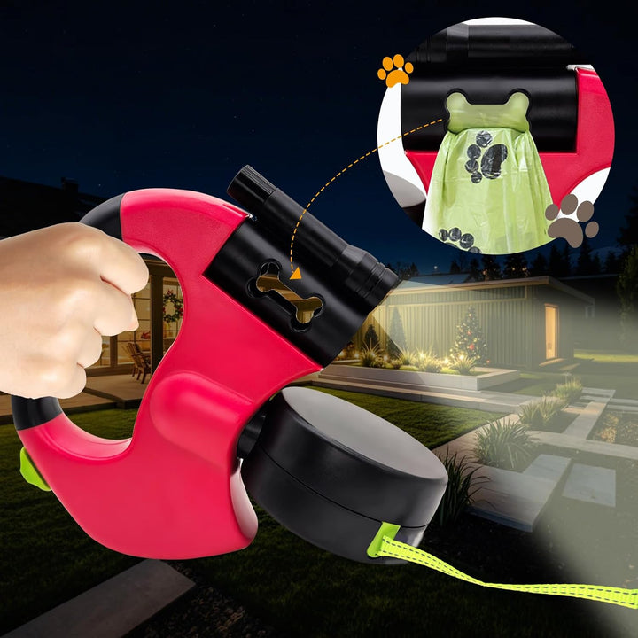 Hundeleine für 2 Hunde, Automatisch Einziehbare Hunde Leine mit Taschenlampe und Taschenspender, Dop