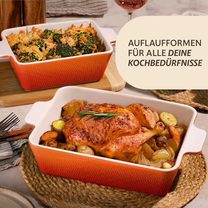 Auflaufform Gross aus Keramik - Extra Hoher Rand - Für Lasagne, Tiramisu & Auflauf - Orangerot, Oran