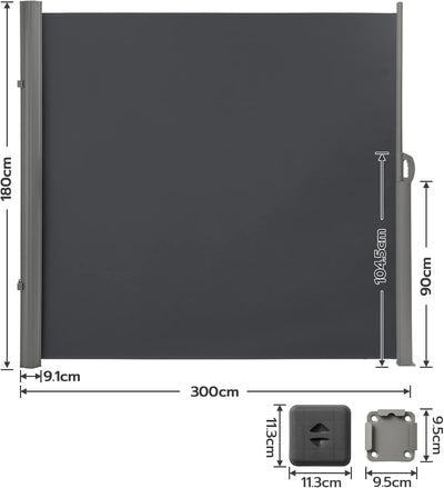 LARMNEE Alu-Seitenmarkise, ausziehbar, 180 x 300 cm, Sichtschutz, Sonnenschutz, Blickdicht, Seitenro