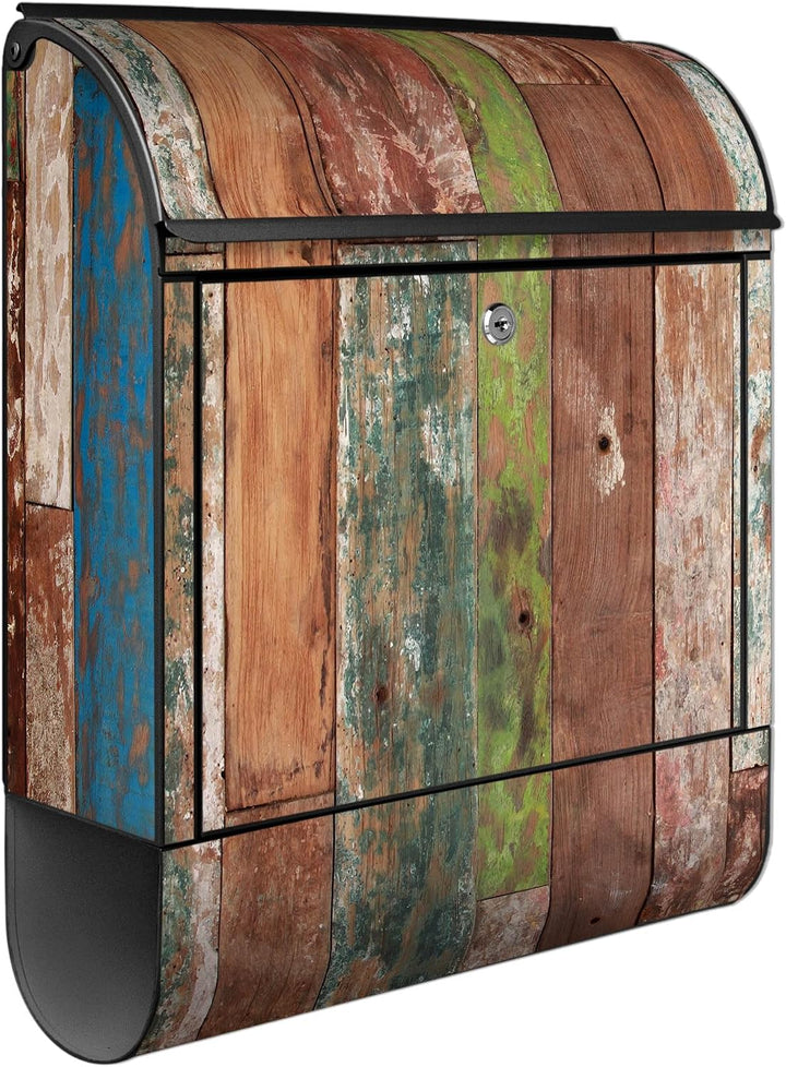 banjado® Design Briefkasten mit Motiv Buntes Holz 39x47x14cm &amp; 2 Schlüssel - Briefkasten Stahl schwa