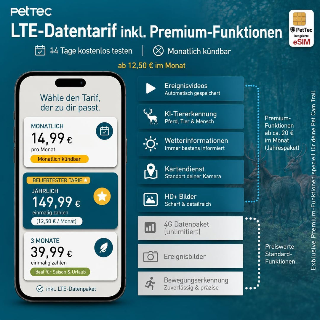 PetTec - PetCam Trail 4G Wildtierkamera mit Solar Panel und mit Nachtsicht &amp; Bewegungsmelder - Ausse