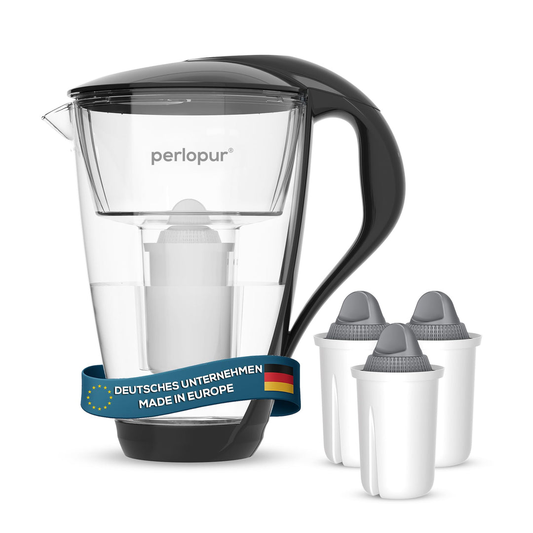 GLAS-Wasserfilter PearlCo (schwarz) mit 3 Protect+ classic Filterkartuschen (f. hartes Wasser) - Mad