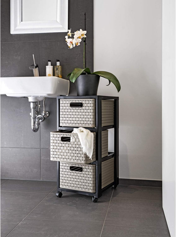 Rotho Country Rollcontainer mit 3 Schubladen in Rattan-Optik, Kunststoff (PP) BPA-frei, anthrazit, 3
