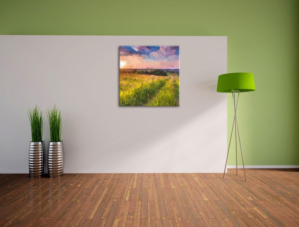 Pixxprint Bergwiese im Sonnenaufgang als Leinwandbild | Grösse: 70x70 cm | Wandbild | Kunstdruck | f