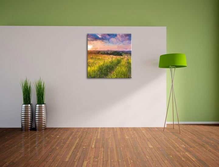 Pixxprint Bergwiese im Sonnenaufgang als Leinwandbild | Grösse: 70x70 cm | Wandbild | Kunstdruck | f