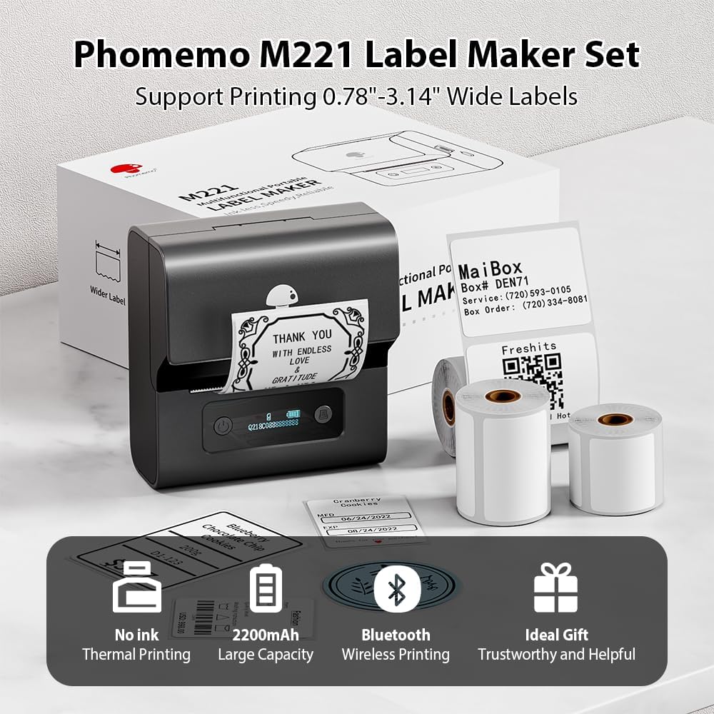 Phomemo M221 Etikettendrucker mit 3 Etikettenrollen - Thermo Bluetooth Etikettendrucker Beschriftung