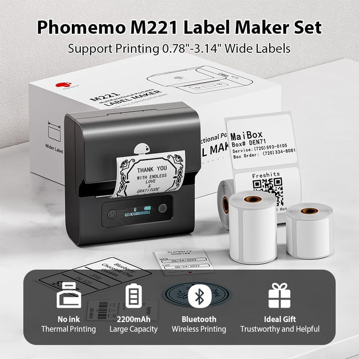Phomemo M221 Etikettendrucker mit 3 Etikettenrollen - Thermo Bluetooth Etikettendrucker Beschriftung