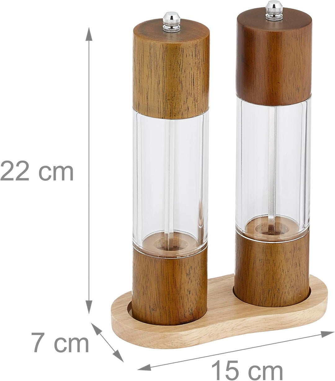 Relaxdays Salz-und Pfeffermühle 2er Set, Untersetzer, Keramikmahlwerk, Holz & Acryl, manuelle Mühlen