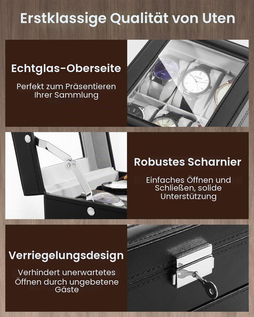 Uten Uhrenbox, 6 Fächern und 1 Schublade mit Schlüsselschloss, Glasdeckel, Schwarzes PU, Graues Samt
