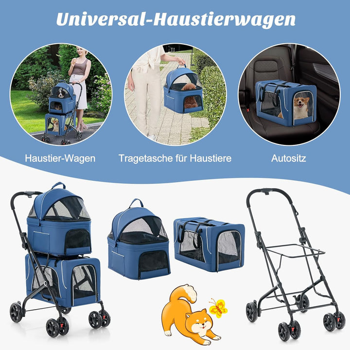 COSTWAY 3 in 1 Hundewagen, Hundebuggy 2 Etagen mit Netzfenstern &amp; Taschen &amp; Polstern, Oxford &amp; Metal