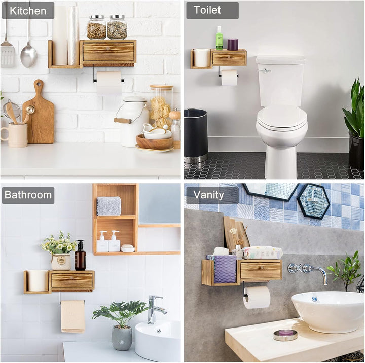 BTSKY Wandmontierter Toilettenpapierhalter aus Holz mit Regal und Schublade, Badezimmer-Toilettenpap