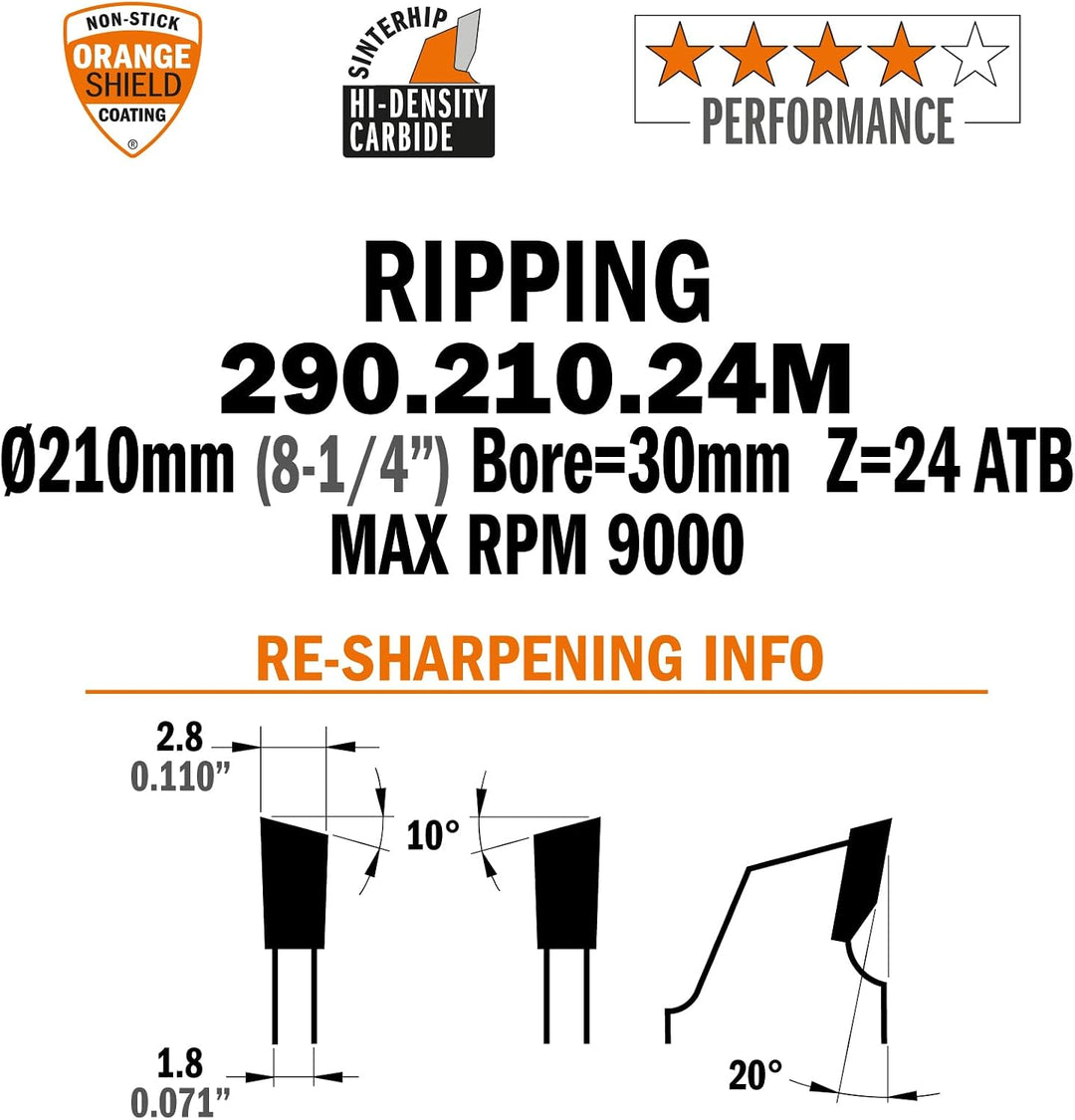 Cmt 290.210.24 M Ripping Klinge d-210 B-30 K-2,8 p-1,8 24 mm D 8-1/4 210mm | T 24 | B 30 | K .110 |