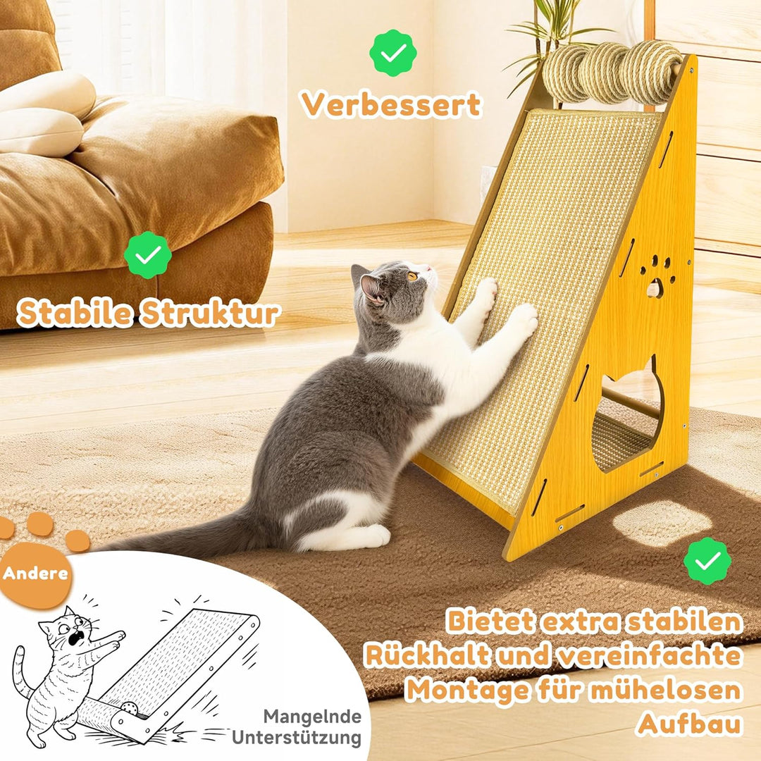 Kratzbretter Katze – Vielseitiges Katzen Kratzbrett aus massivem Buchenholz mit Sisalstamm, Kratzpap
