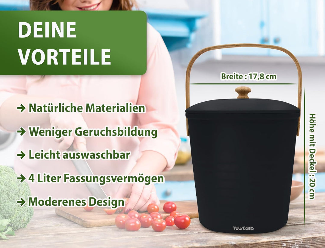 YourCasa Biomülleimer Küche klein 4L geruchsdicht für Biomüll - Komposteimer mit Aktivkohlefilter -