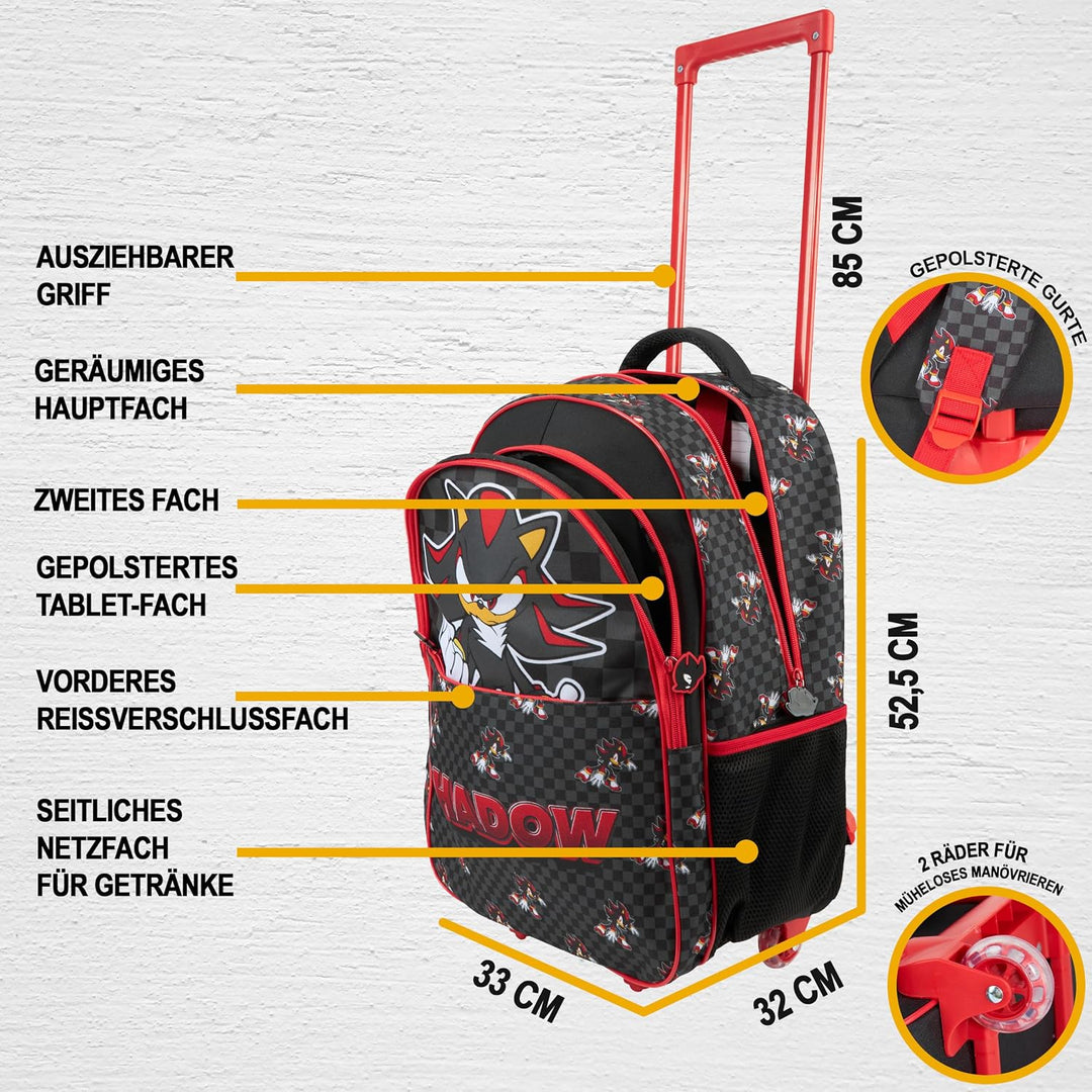 Get Trend Sonic The Hedgehog Rucksack Kinder, 25L Rollrucksack mit Rollen | 2-in-1 Kinderkoffer Jung
