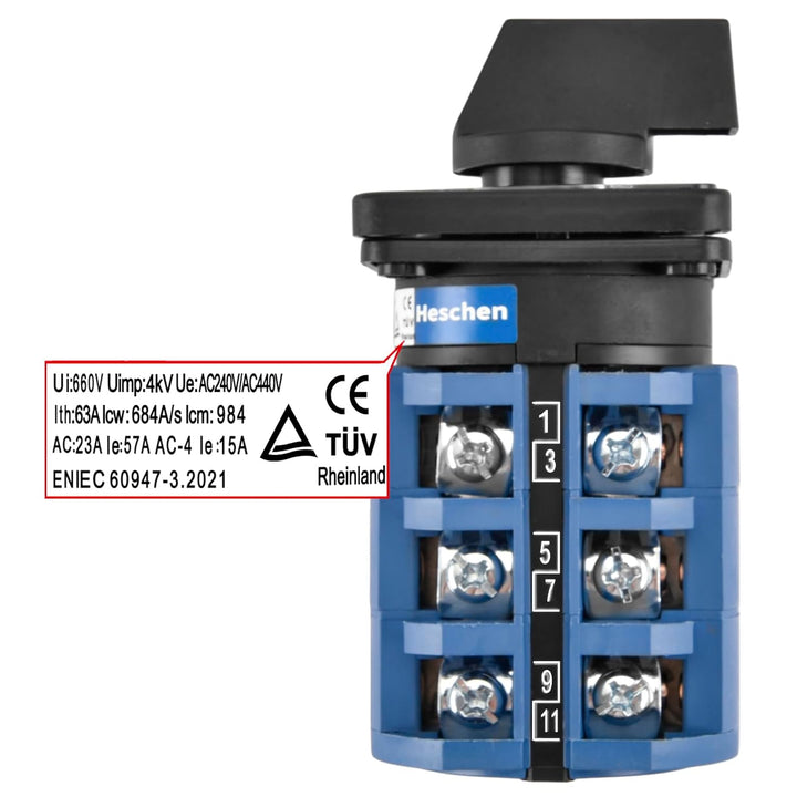 Heschen Universal-Rotationsschalter SZW26-63/D303.3, 660V 63A, Ein-/Aus-Schalter, 3 Phasen, 12 Klemm