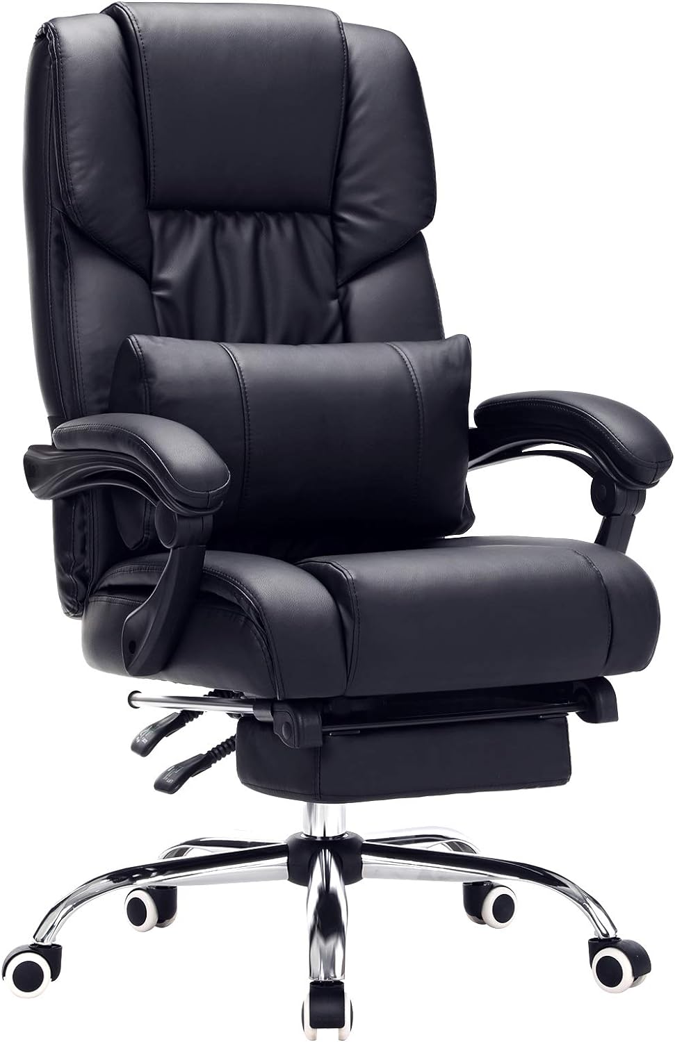 SONGMICS Bürostuhl mit Fussablage und Lendenkissen, Lederimitat, schwarz, 67 x 66 x 116 cm