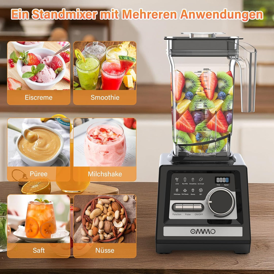 OMMO 2L Standmixer Hochleistungsmixer, Mixer Smoothie Maker mit 9 Geschwindigkeitssteuerungen für Ei