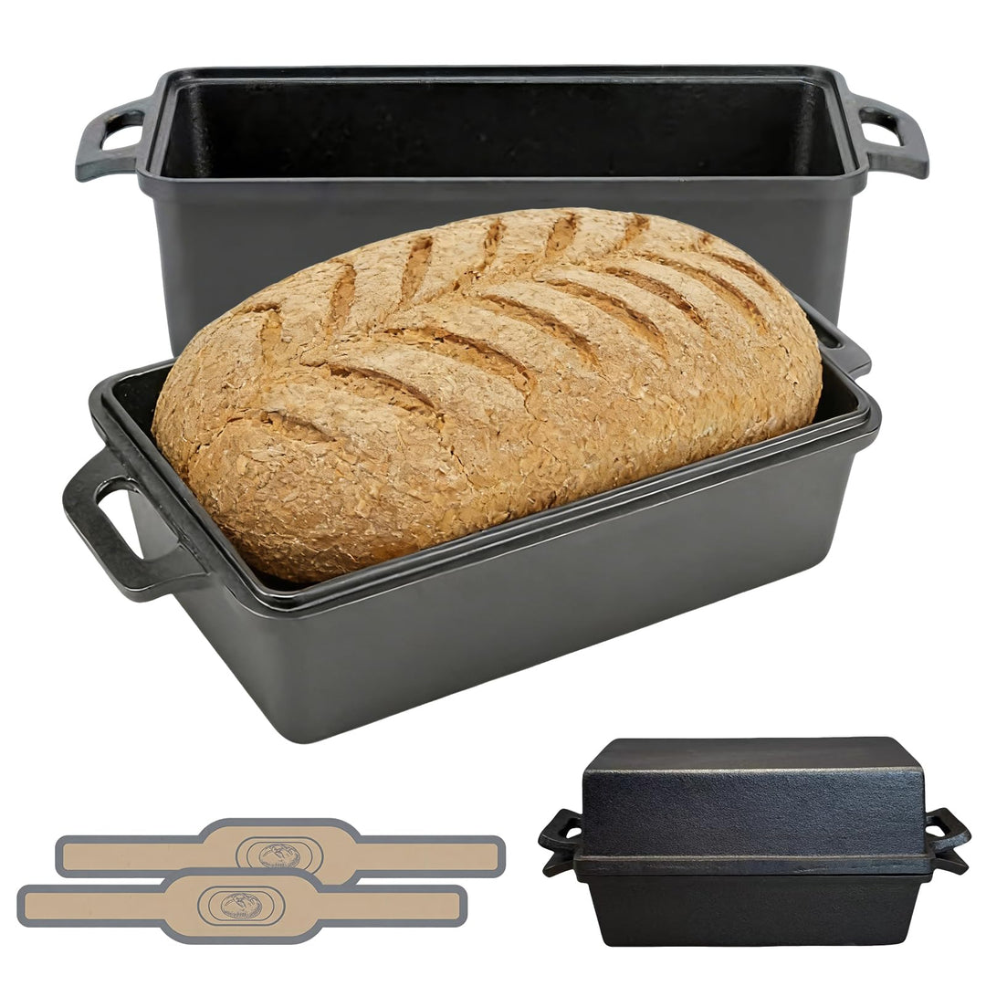 Gusseisen Brotbackform mit Deckel & Antihaft-Silikonmatten, 25x13cm Kastenform für Sauerteig, Toast