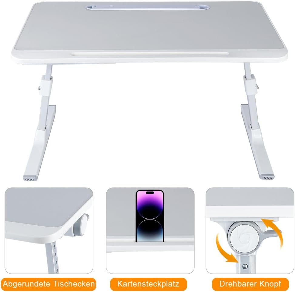 Laptop-Bett mit Beleuchtung, Schublade und zwei Fächern, Betttablett, höhenverstellbar, für Sofa und