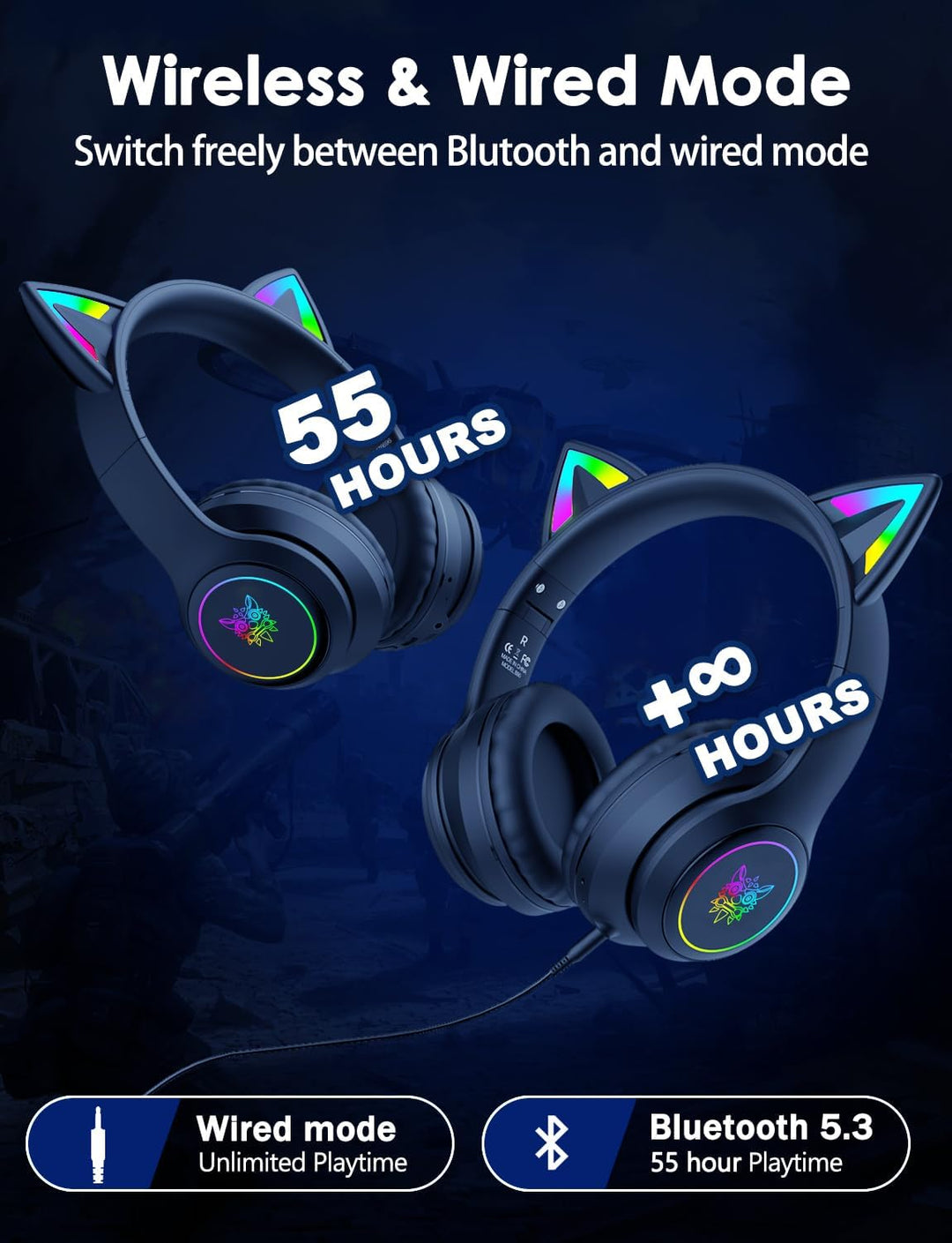 Bluetooth-Kopfhörer mit LED-Katzenohren – Kabelloses Over-Ear Headset mit Mikrofon, Hi-Fi Stereo-Sou
