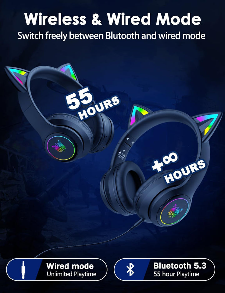 Bluetooth-Kopfhörer mit LED-Katzenohren – Kabelloses Over-Ear Headset mit Mikrofon, Hi-Fi Stereo-Sou