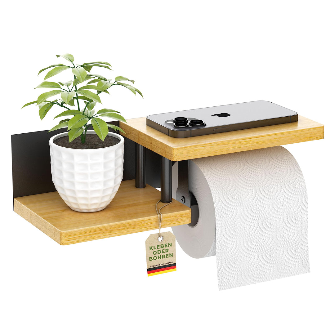 Toilettenpapierhalter Holz Bambus [KLEBEN oder Bohren] | hochwertiger Klopapierhalter ohne Bohren mi