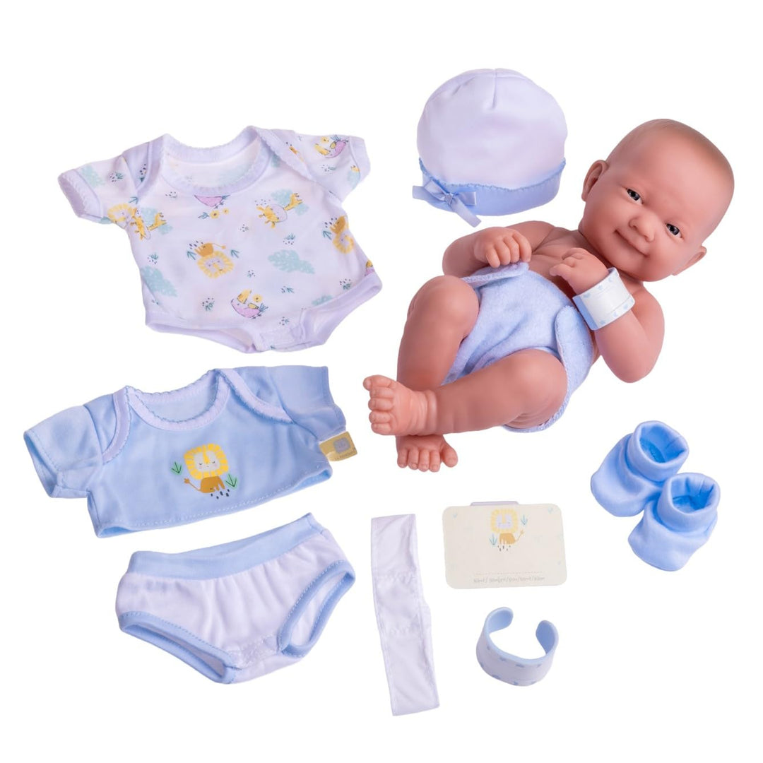 JC TOYS - La Newborn Neugeborene, 38 cm, weiches Vinyl, inkl. Kleidung und 8 Accessoires, Blau, entw