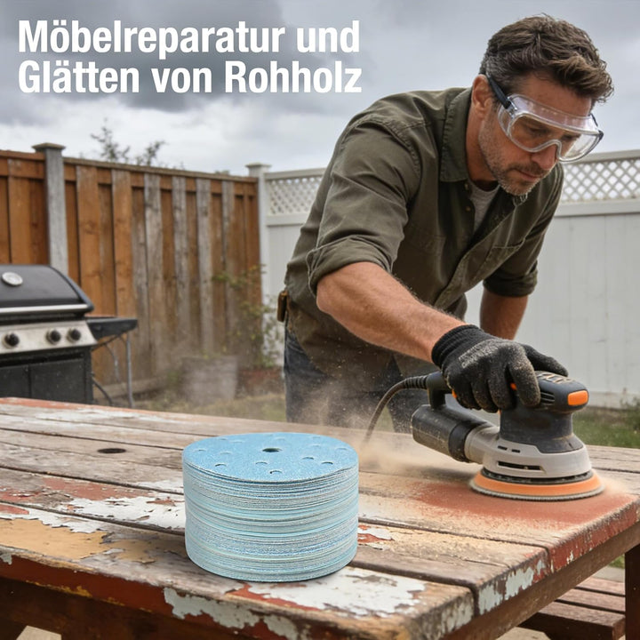 Schleifpapier 150mm Klettverschluss Blau 15 Loch 120 Körnung 50 Stück Keramik geeignet für Metall un