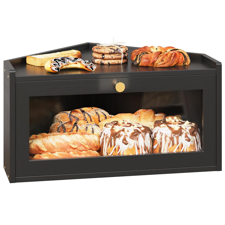 VEDECASA Eck-Brotkasten aus Bambus für die Küche Grosser Brotkasten mit Acryl-Tür Platzsparende Brot