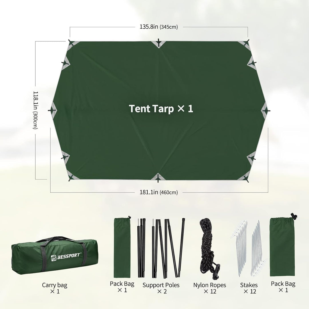 Bessport Tarp, Zeltplane Wasserdicht, 3x4.6m Mit Stützstange, Erdnägeln und Nylonschnur, Ultraleicht