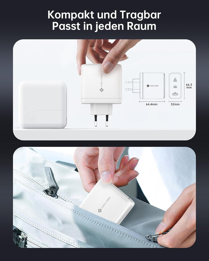 NOVOO 120W USB C Ladegerät GaN 3-Port Schnellladegerät mit 100W USB C Kabel PD Mehrfach Netzteil für