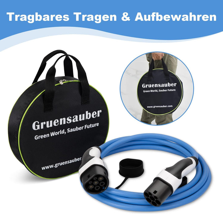 Gruensauber Typ 2 Ladekabel für EV/Elektroautos/PHEV, 7.2kW, 32A, 5 Meter, Einphasig Mode 3 Typ 2 au