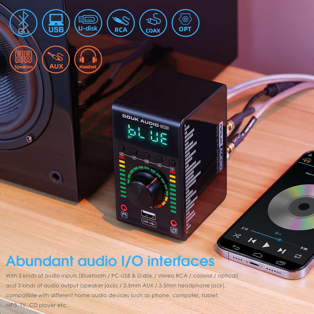 Douk Audio M100 Mini Verstärker, Bluetooth 5.0 Digitalverstärker mit USB DAC Coaxial/Optical Amplifi