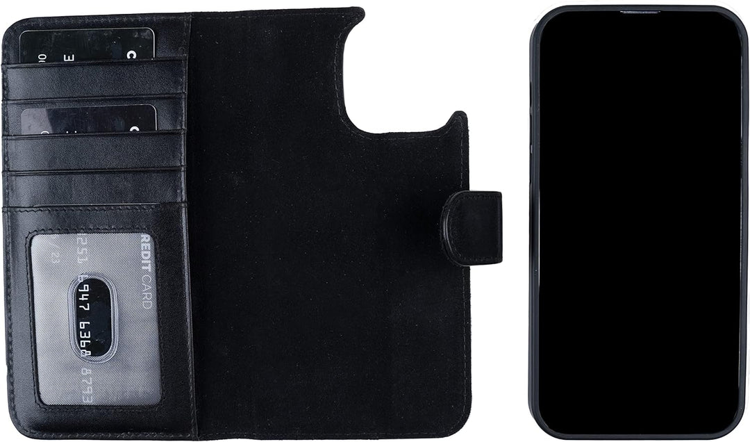 HANS/SON Klappbare Echtlederhülle in Schwarz | iPhone 14 Pro Max Ledercase mit Kartenfächern | Leder