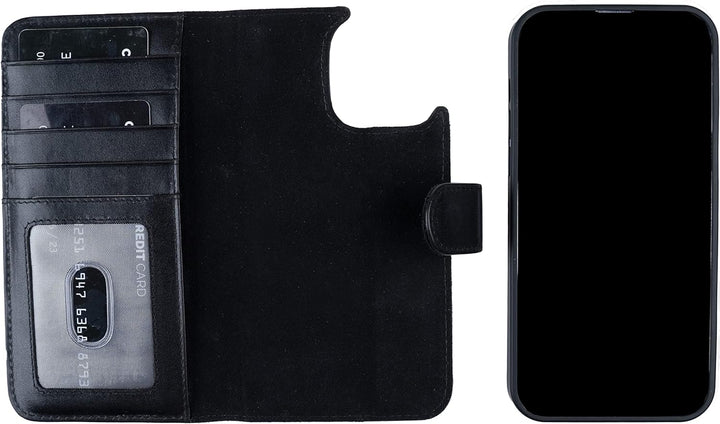 HANS/SON Klappbare Echtlederhülle in Schwarz | iPhone 14 Pro Max Ledercase mit Kartenfächern | Leder