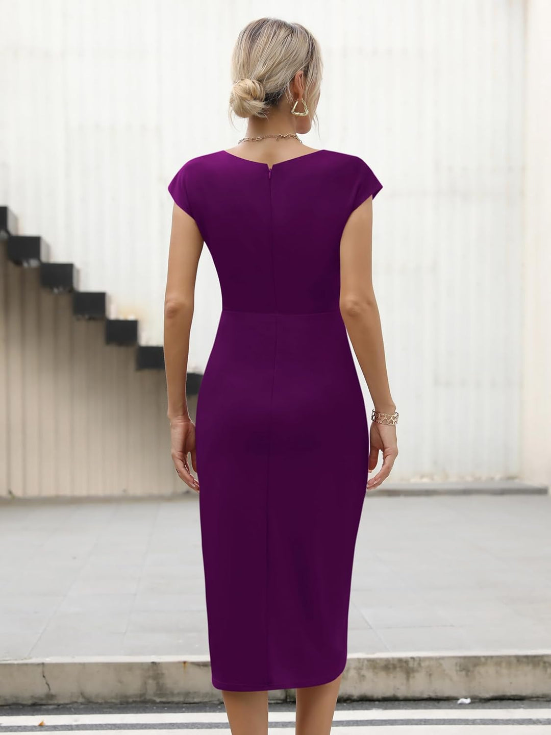 Missufe Damen Cocktailkleid Wickelkleid Partykleid Midikleid Elegant Bodycon Figurbetontes Sommerkle