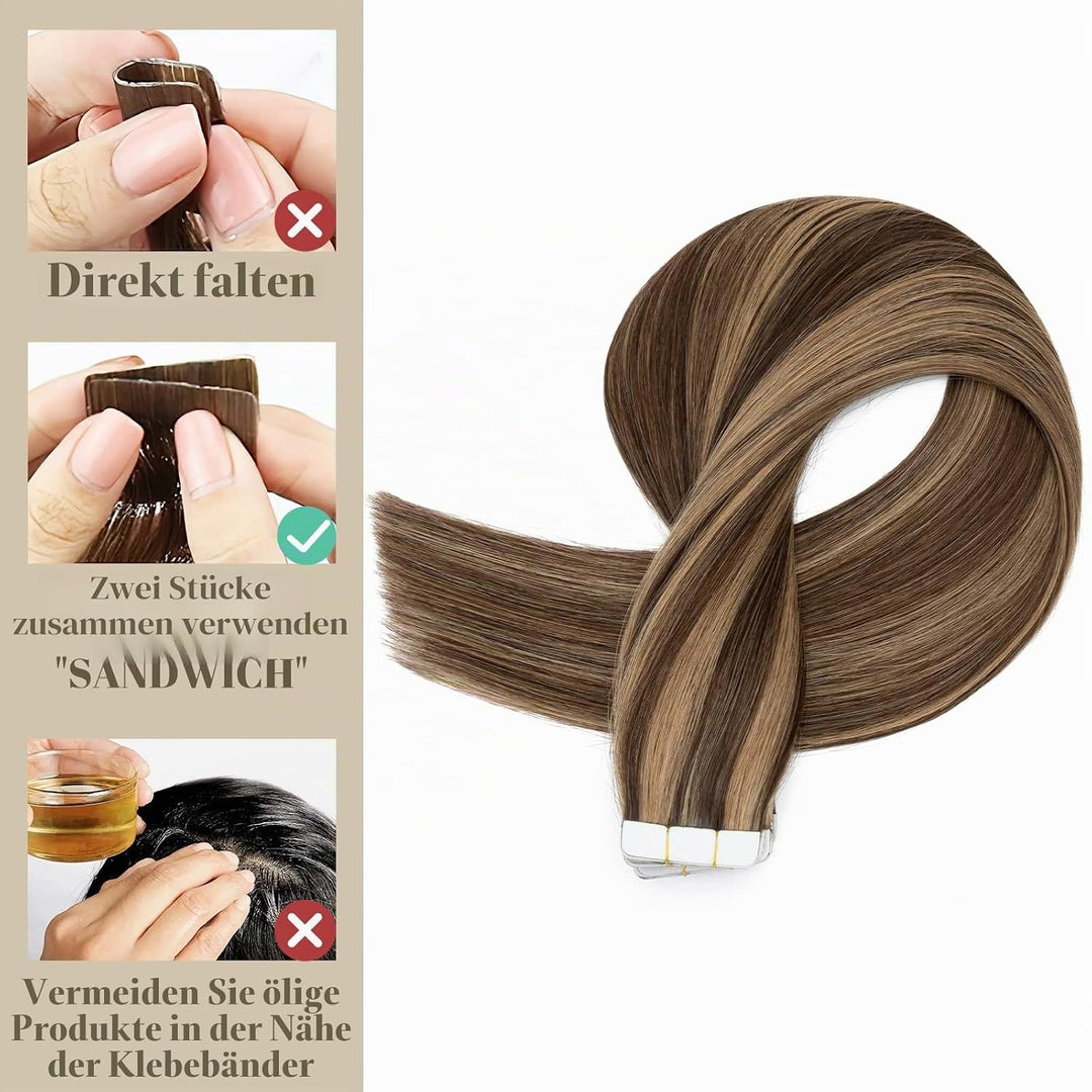 SEGO Tape Extensions Echthaar Haarverlängerung Klebeband Haarteile Glatt Haar 10pcs Mittelbraun/Honi