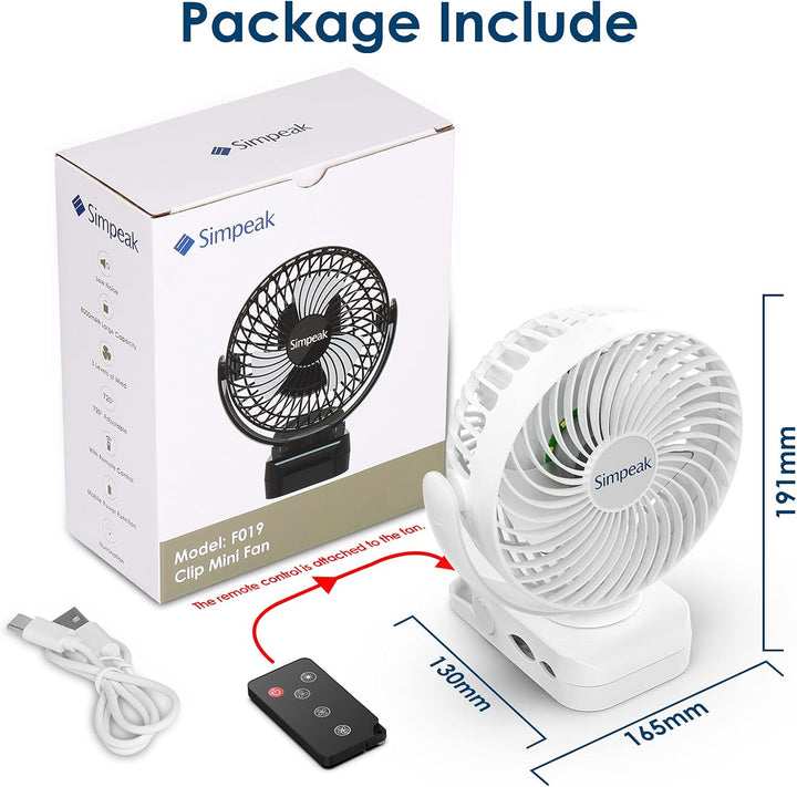 Simpeak 10000mAh Camping Ventilator Tischventilator, Mini USB Ventilator leise, Clip Fan mit Fernbed