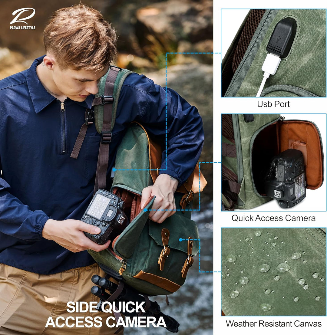 Padwa Lifestyle Grüner Kamerarucksack - wetterfeste Kameratasche aus gewachstem Memory Canvas mit 16