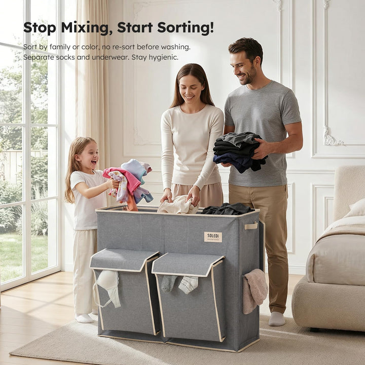 SOLEDI 220L Wäschekorb mit Deckel, Wäschesammler 3 Fächer mit 2 Seitentaschen, Laundr Baskets mit 3