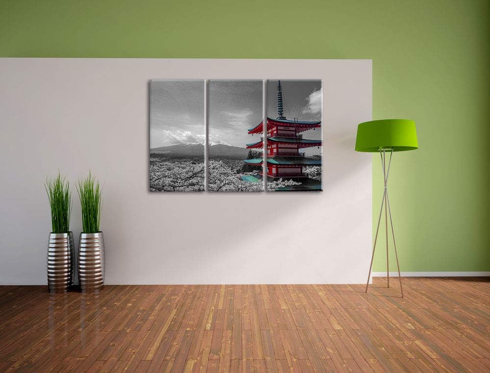 Japanisches Gebäude mit Berg im Hintergrund schwarz/weiss 3-Teiler Leinwandbild 120x80 Bild auf Lein